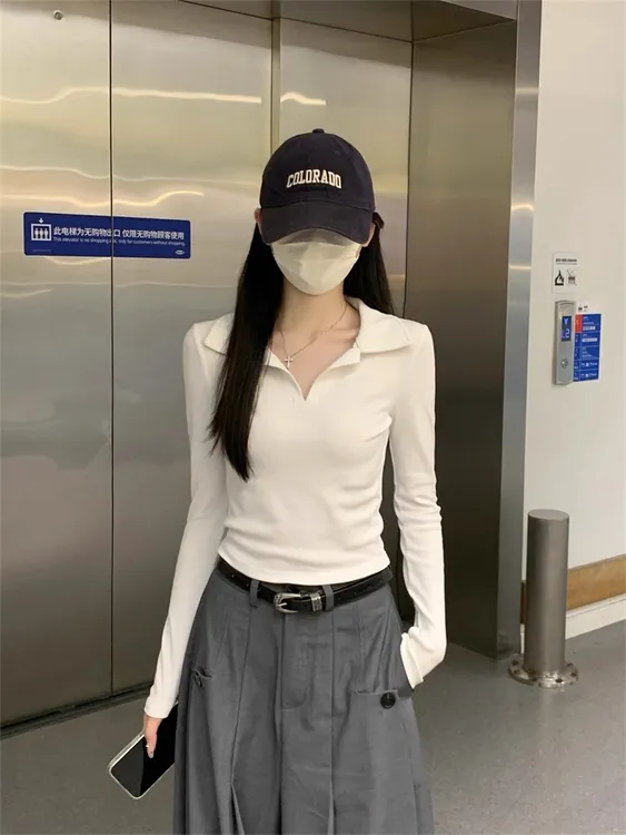 polo领打底衫长袖t恤女2025新款秋季修身白色内搭设计感正肩上衣