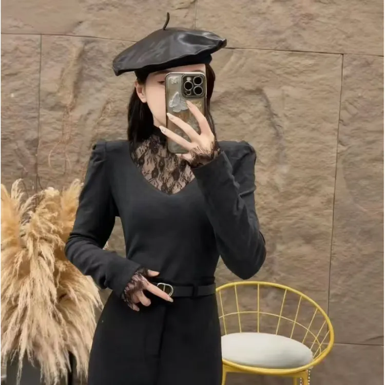 2025冬季新款加绒T恤时尚百搭半高领拼接修身显瘦打底衫上衣9196