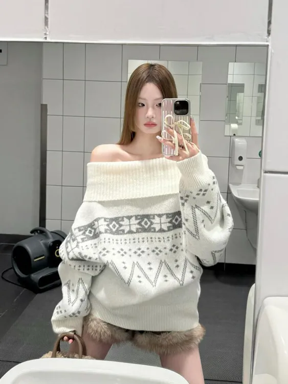 松弛感费尔岛一字肩白色毛衣加厚宽松秋冬2025高级露肩针织衫上衣