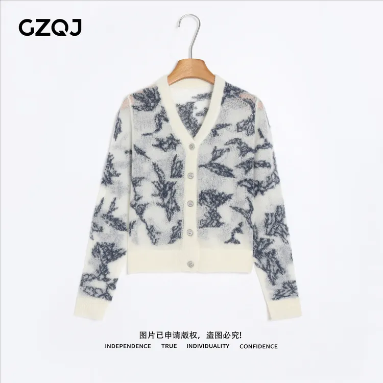 老琴私服【蓝影花织】欧若风别致圆领高级配色针织开衫女秋70550