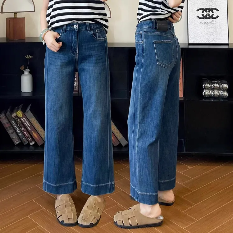 蓝色阔腿牛仔裤女大码胖mm梨形身材宽松遮肉显瘦高腰弹力直筒裤子