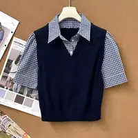 717假两件撞色长袖格子拼接休闲百搭衬衫上衣