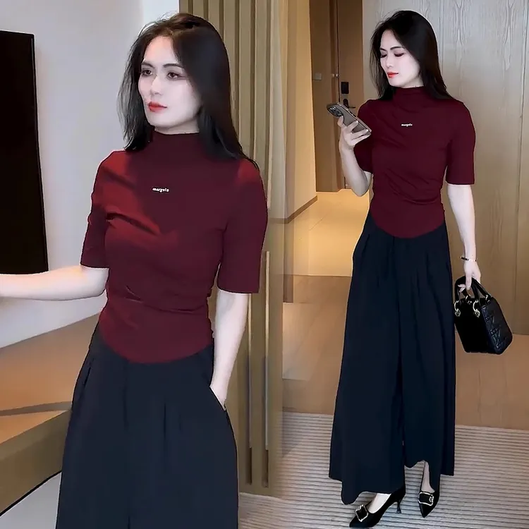 2025春秋新款中袖T恤女时尚洋气减龄收腰显瘦小个子半高领打底衫