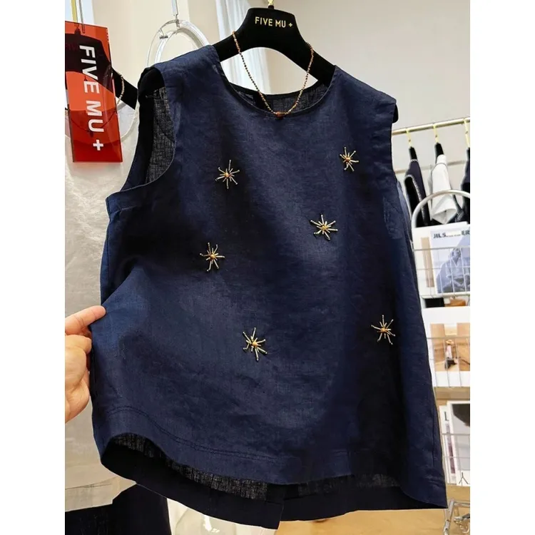 加肥大码300斤重工钉珠无袖背心男女装夏季小衫ins高级感马甲上衣