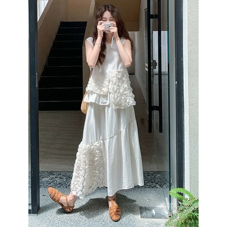 米白色独特漂亮夏季套装女2025新款蕾丝花边无袖背心半身裙两件套