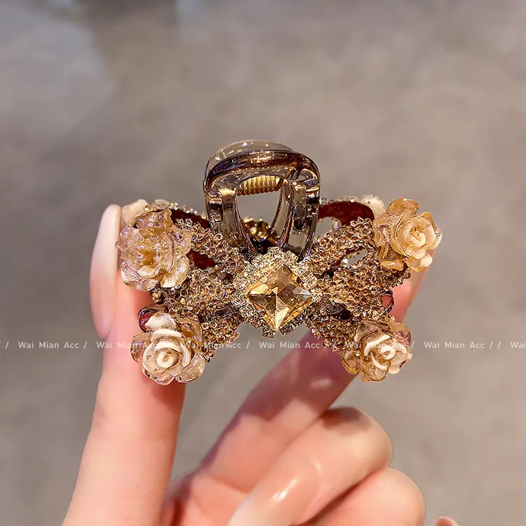 网红满钻蝴蝶结小抓夹女高端玫瑰花边夹后脑勺刘海夹半扎发夹新款