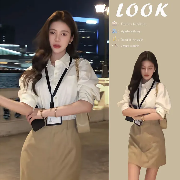 今年流行穿搭一整套女2025新款洋气高级感纯色衬衫高腰短裙两件套