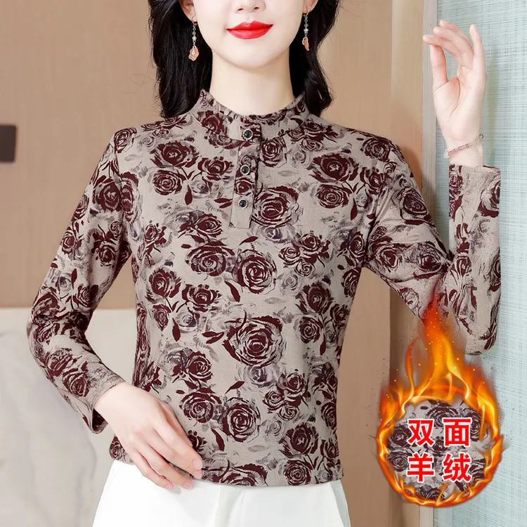 实拍 2025秋冬新款双面羊绒印花加厚长袖木耳边领修身显瘦上衣女
