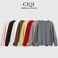 CIQI STUDIO秋冬100绵羊毛纯色显瘦松紧下摆圆领针织打底上衣6779