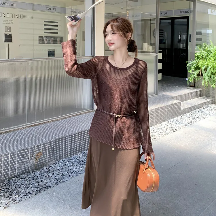 咖色镂空罩衫吊带连衣裙套装女2025早秋慵懒轻熟风爆款收腰两件套