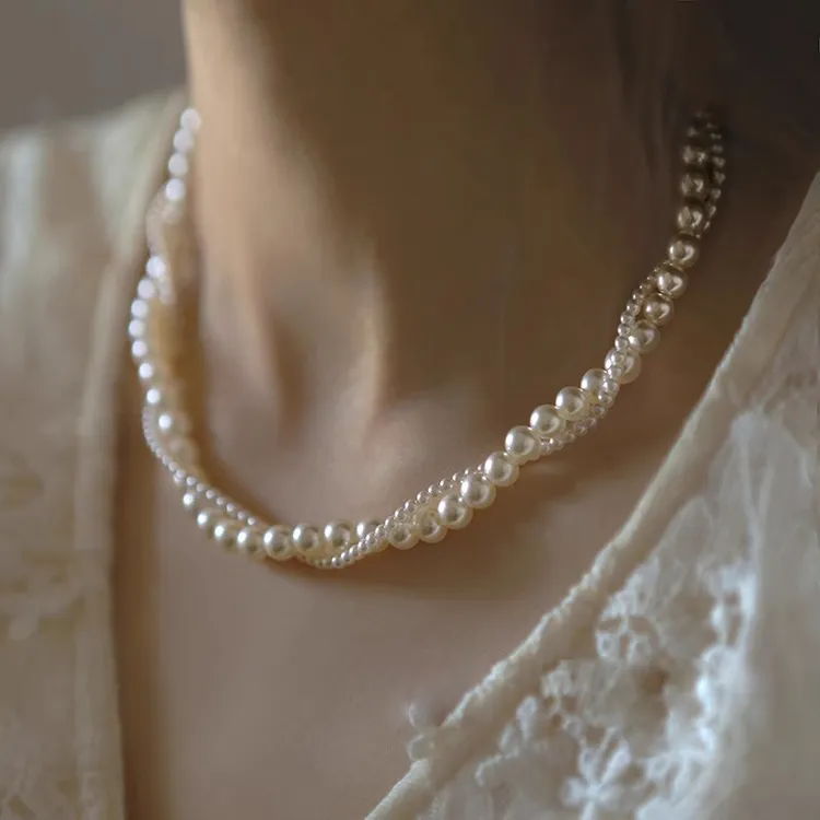 钛钢项链 双层叠戴施家珍珠米珠项链女不掉色百搭高级感串珠高级