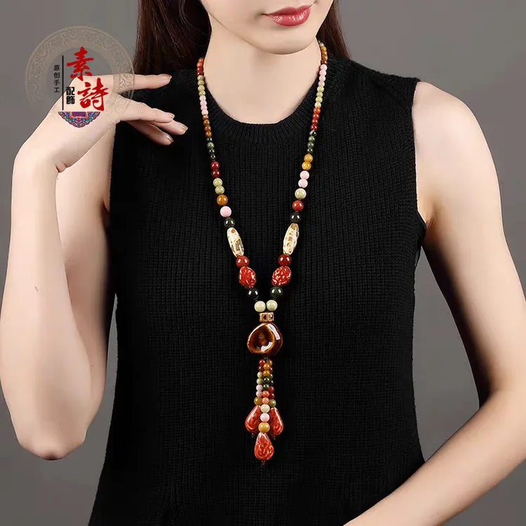 非金属布艺项链 民族风长款毛衣链原创手工古风秋冬新款颈饰挂件