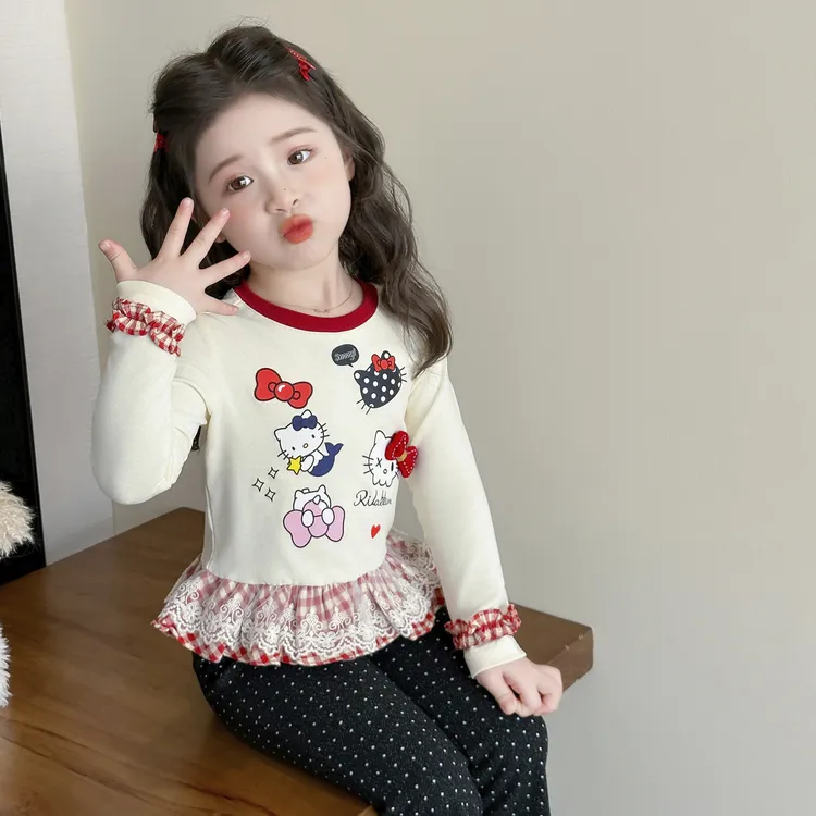 女童打底衫秋装2025新款儿童芭蕾风拼接花边长袖T恤女孩卡通上衣