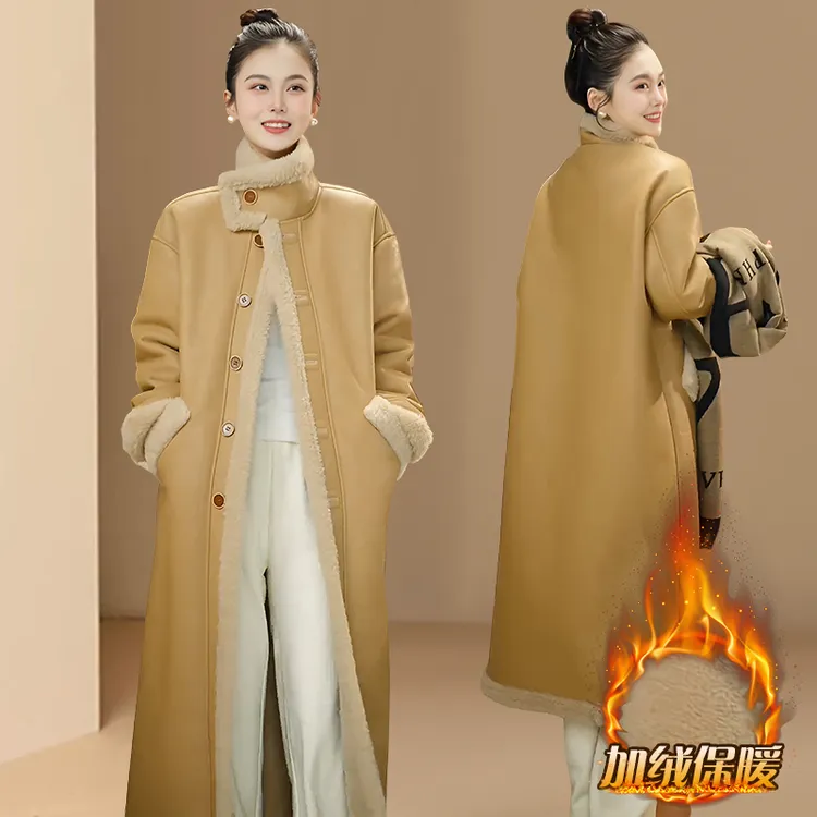 2025秋冬新款毛毛外套女机车服皮毛一体中长款加绒加厚保暖大衣潮