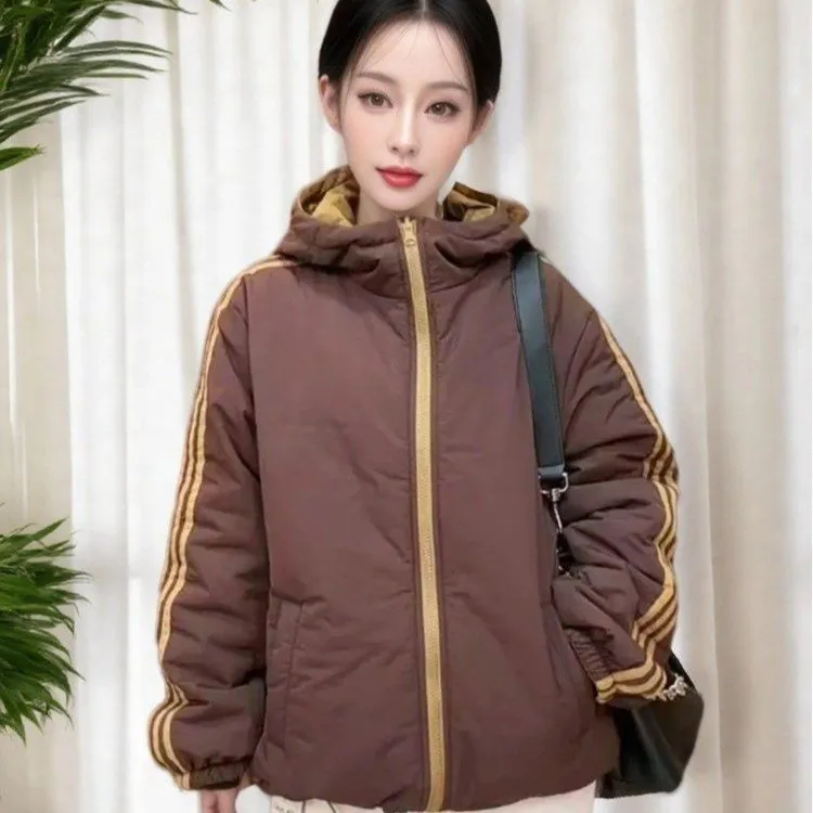 2025冬季新款拼接女款加厚连帽棉服双面穿保暖宽松棉衣减龄棉袄