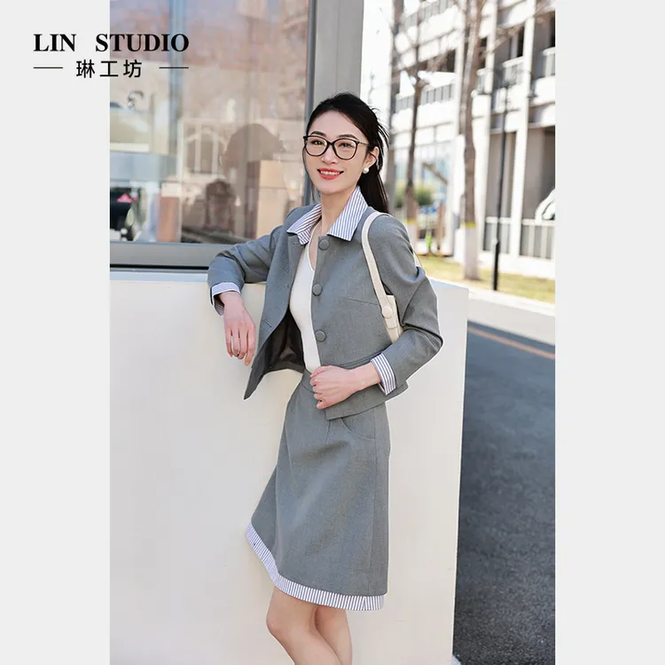 【外套+半裙 领子袖扣可拆 醋酸】琳工坊“石岩”灰色套装唐琳设计师