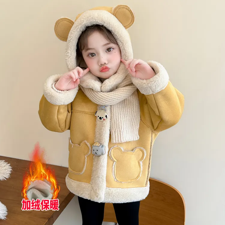 女童皮毛一体外套秋冬季2025新款女宝宝加绒加厚冬装儿童保暖上衣
