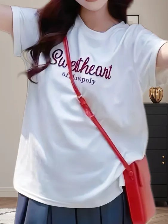 简约风短袖女t恤夏2025新款洋气减龄体恤高级感休闲宽松圆领上衣