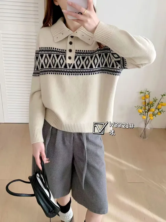 针织套头拼色毛针织衫女冬季时尚菱形格慵懒风民族风打底衫