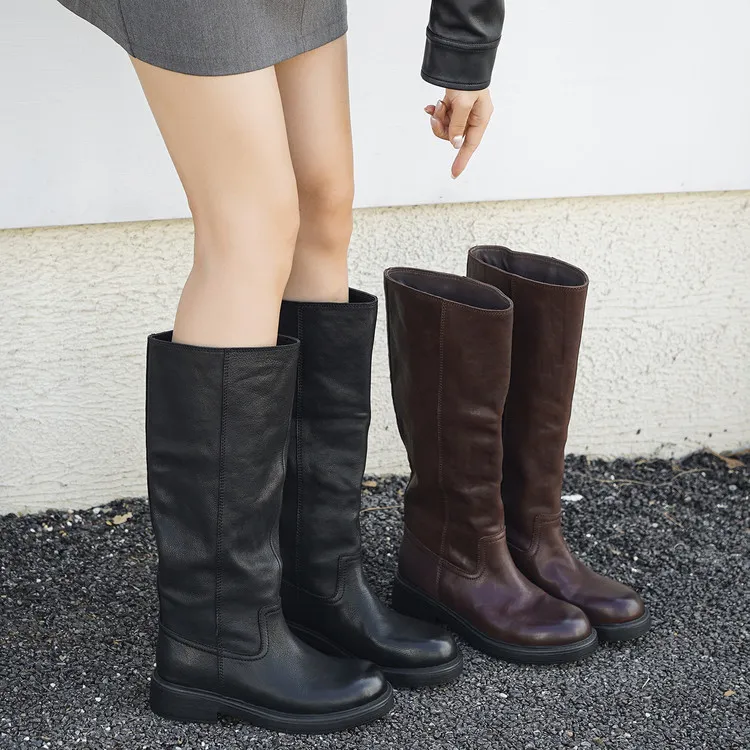 【雨嘉】4CM重工高定手工头层牛皮直筒靴新品显瘦宽松高筒长靴