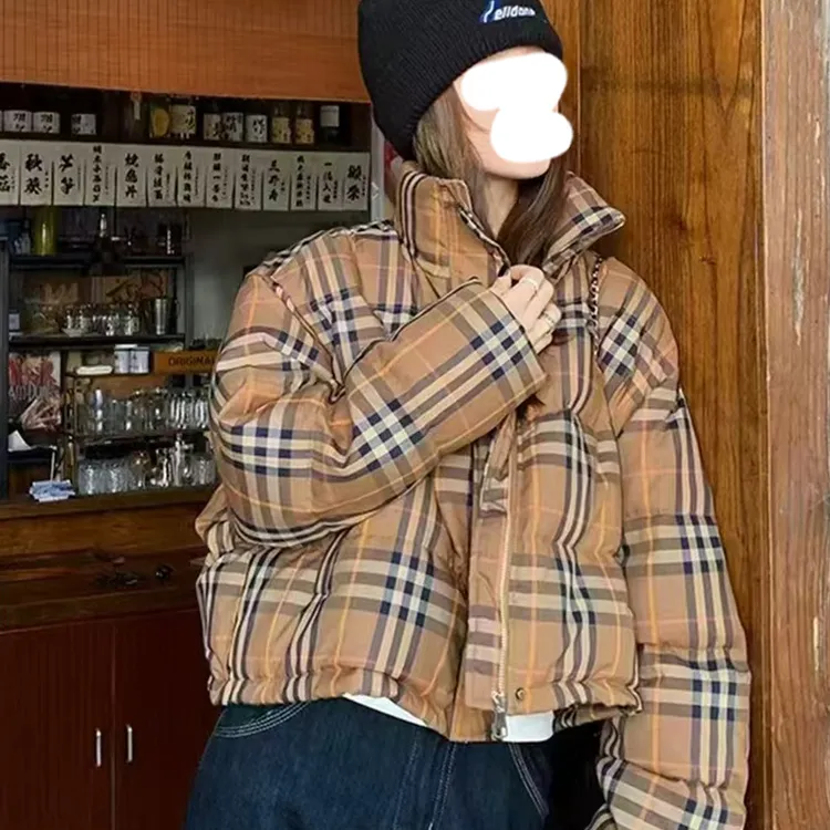 美式复古格纹短款棉衣棉服女款冬季时尚洋气百搭保暖加厚棉袄外套