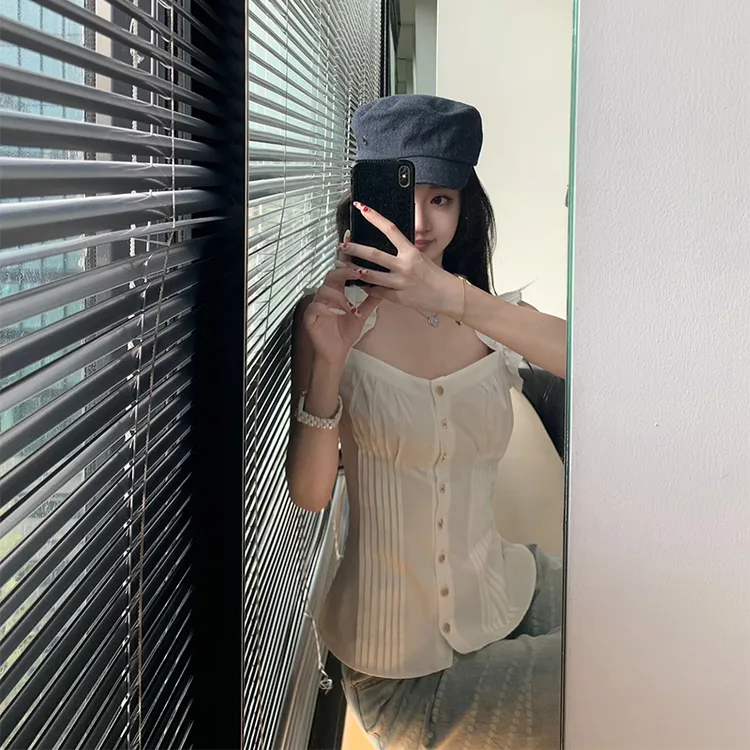 现货 白色衬衫女2025夏季设计感气质衬衣性感修身纯欲小飞袖上衣