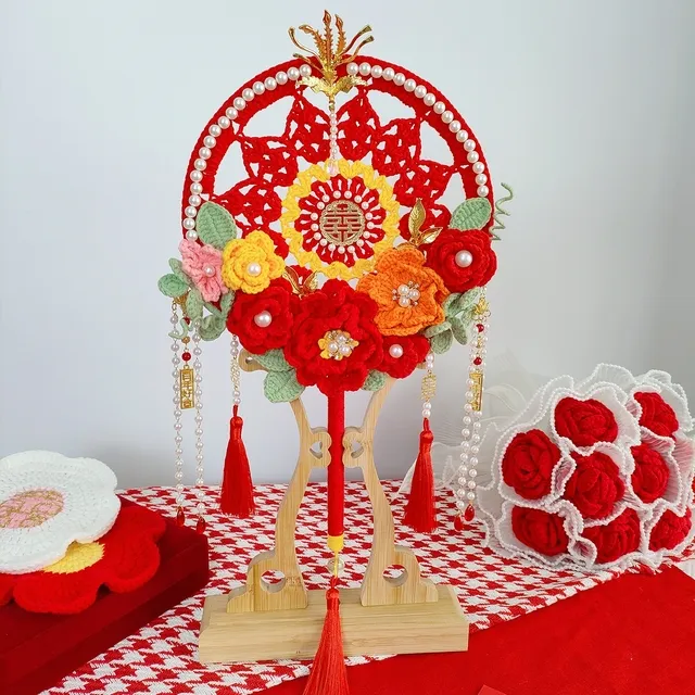 结婚钩织团扇手工diy毛线 线钩针编织材料包中式婚礼新婚礼物送新