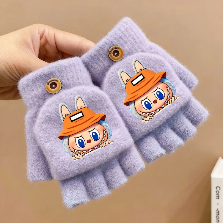 拉布布儿童冬季男女童可爱卡通保暖五指套加绒加厚翻盖写作业手套