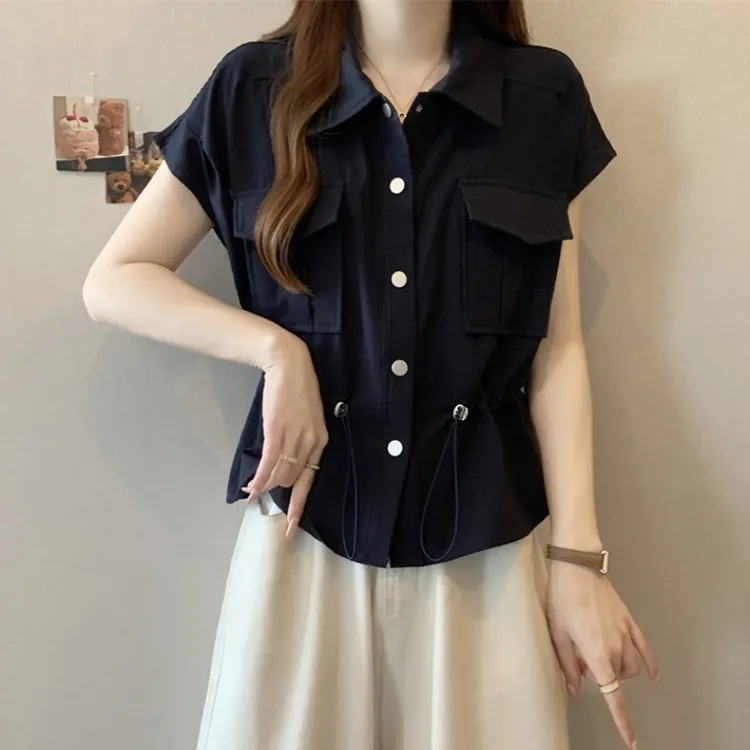 大码设计感工装短袖衬衫女夏季胖MM宽松显瘦百搭洋气减龄抽绳上衣