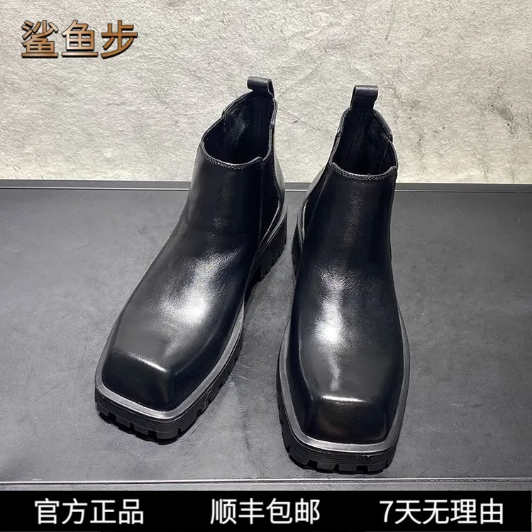 鲨鱼步英伦高街风中帮皮鞋软皮懒人一脚蹬厚底增高切尔西靴男士鞋