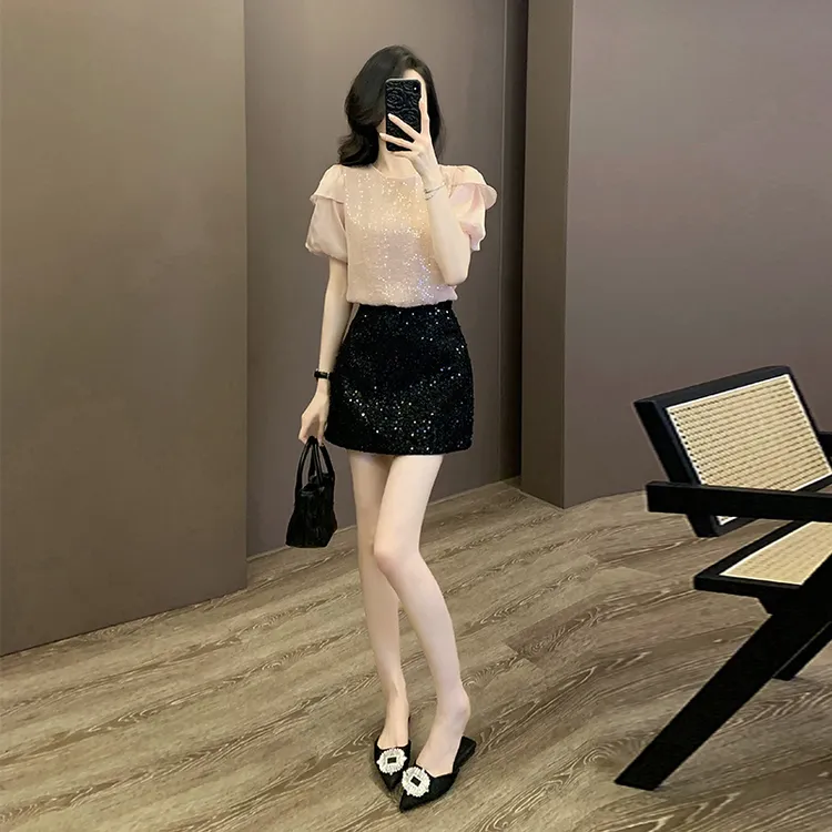 法式泡泡袖雪纺衫女夏季洋气漂亮小衫亮片高腰半身裙遮胯a字短裙