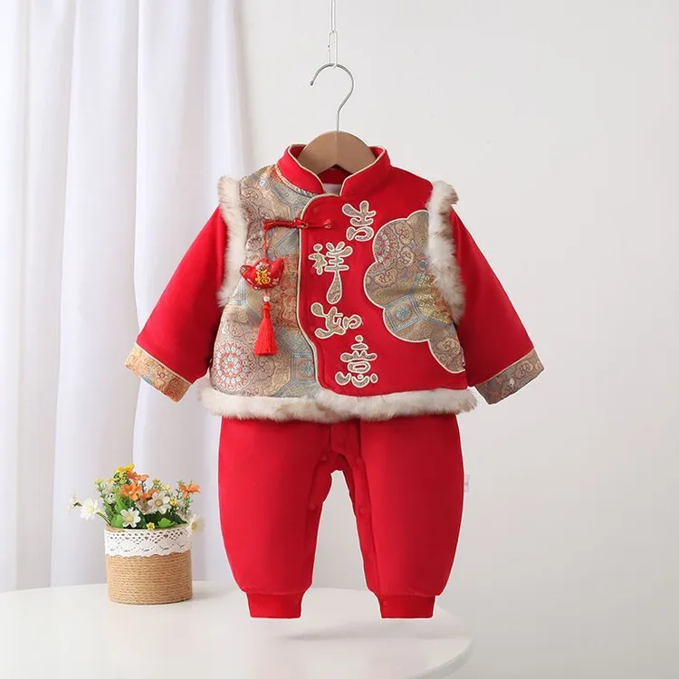 中式冬季婴儿拜年加厚礼服连体衣宝宝周岁喜庆哈衣国风衣服套装冬