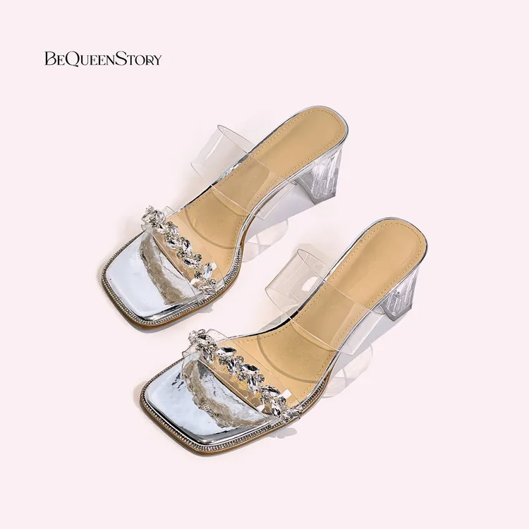 轻奢时尚银色一字带真皮水晶跟防滑舒适亮钻高跟鞋 余潇潇配件