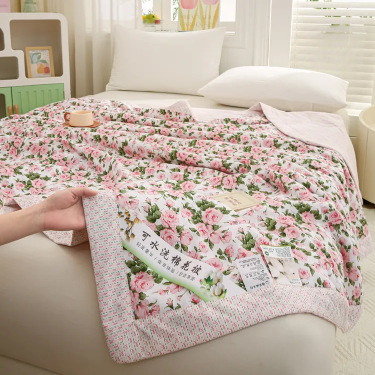 萱花粉A类全棉春秋被空调被里外全棉花被子被芯夏季家用印花