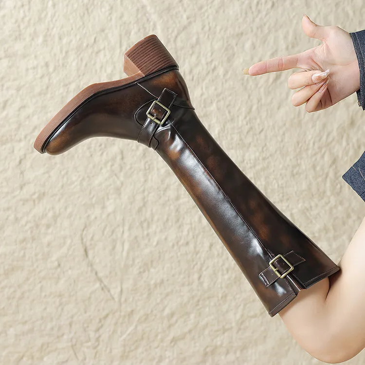 6cm~圆头高跟显瘦长筒靴皮带扣不过膝长靴女粗跟真皮高筒骑士靴女
