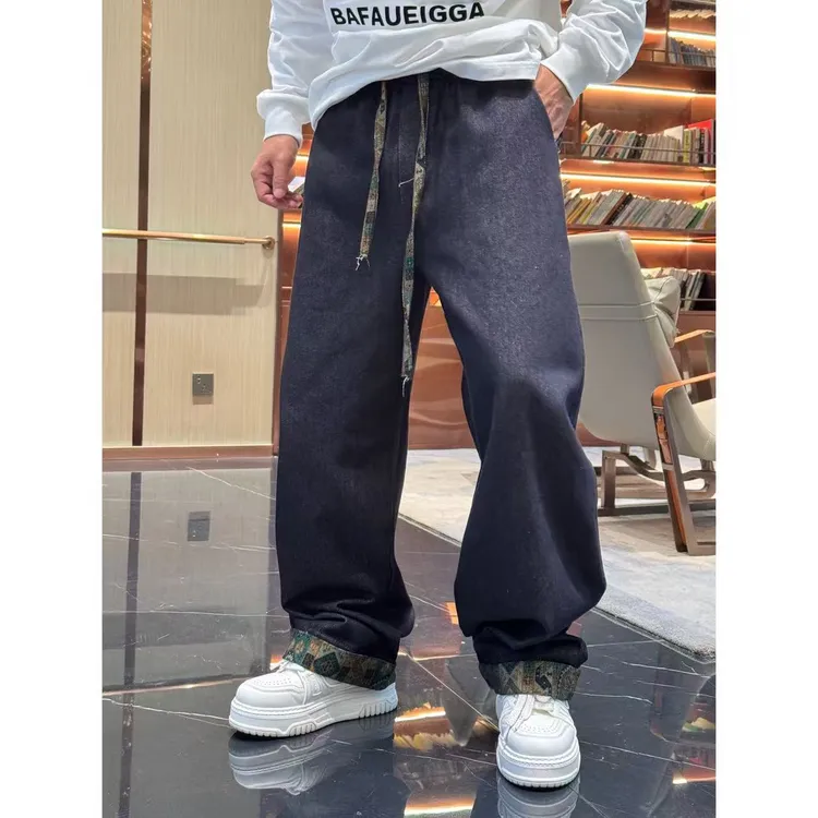 秋季新款纯色宽松韩版ins百搭潮流时尚弯刀直筒牛仔裤5805