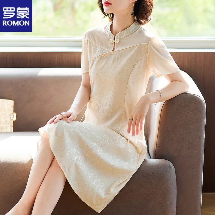 罗蒙妈妈夏装连衣裙短袖雪纺裙子中老年阔太太女装夏季改良旗袍裙