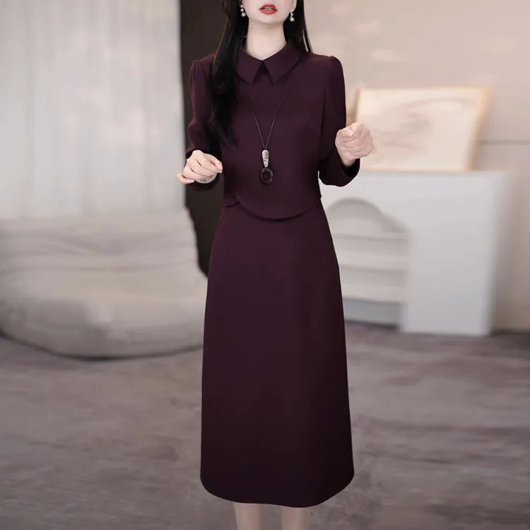 气质时尚优雅连衣裙2025春秋新款女士减龄显瘦遮肉过膝假两件裙子