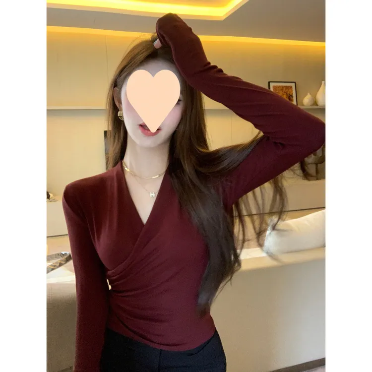 秋装爆款交叉V领长袖打底衫设计感纯欲修身显瘦针织衫纯色T恤上衣