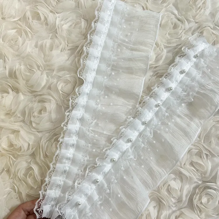 一明窗帘花边配件立边法式温柔立边小圆点三层花边