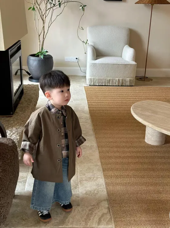 儿童装秋季套装韩版男童风衣外套复古洋气百搭格子衬衫休闲牛仔裤