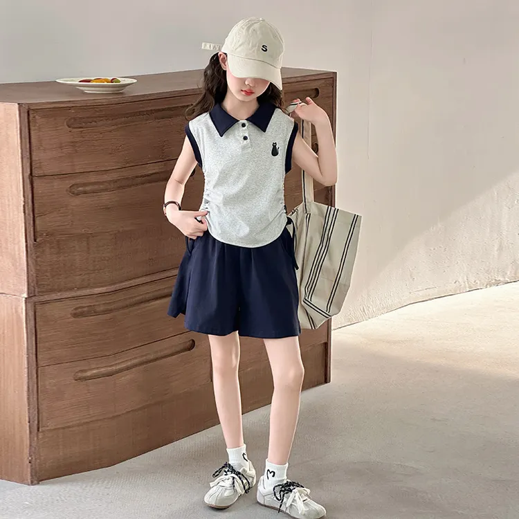 女童夏装POLO短袖套装2025新款女大童夏季休闲穿搭儿童短裤两件套