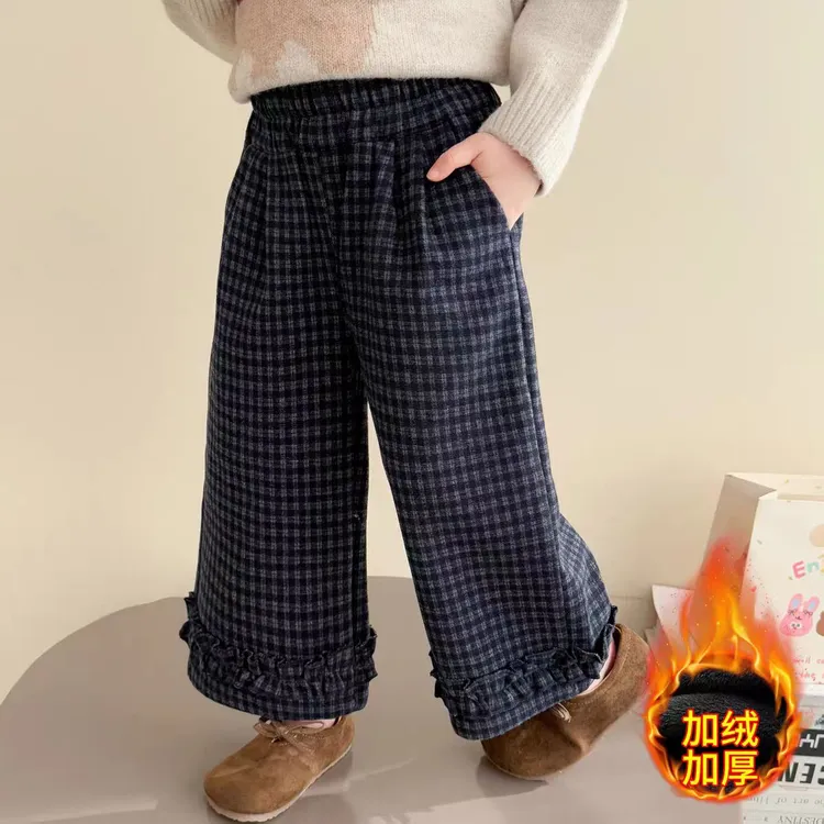 女童秋冬款加绒加厚裤子中小童大童洋气时髦保暖裤儿童格子裤冬装