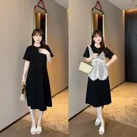 现货-慕翎【蔷薇花】真两件拼接解流苏马甲连衣裙夏装显瘦两件套装