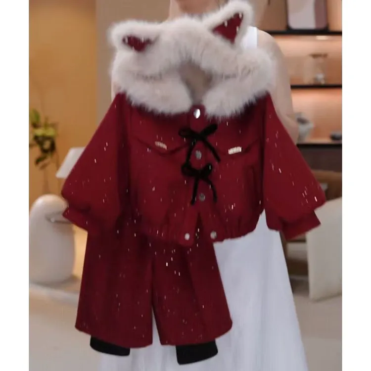 女童冬季加绒加厚毛呢套装韩版洋气保暖拜年服