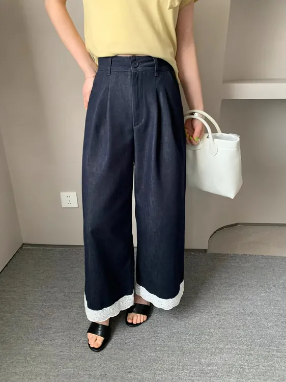 薄款牛仔裤 韩国东大门裤脚蕾丝拼接宽松深蓝色牛仔裤女春阔腿裤