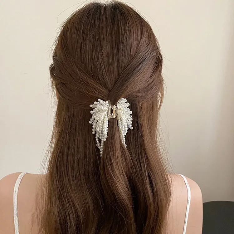 韩版珠珠流苏发夹女2025新款高级感公主头小抓夹半扎发鲨鱼夹发饰
