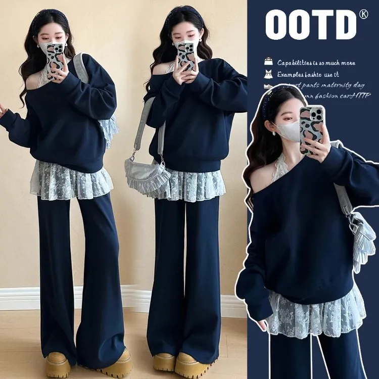 时髦孕妇装2025新款韩版蕾丝斜肩挂脖长袖孕妇卫衣秋季洋气三件套