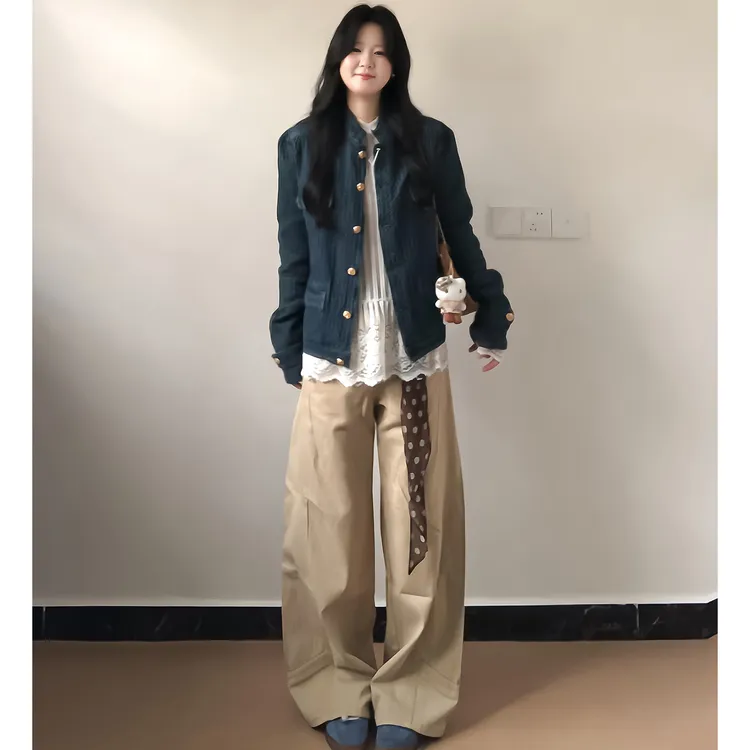 复古卡其色直筒牛仔裤女秋2025新款小个子高腰垂感拼接窄版阔腿裤