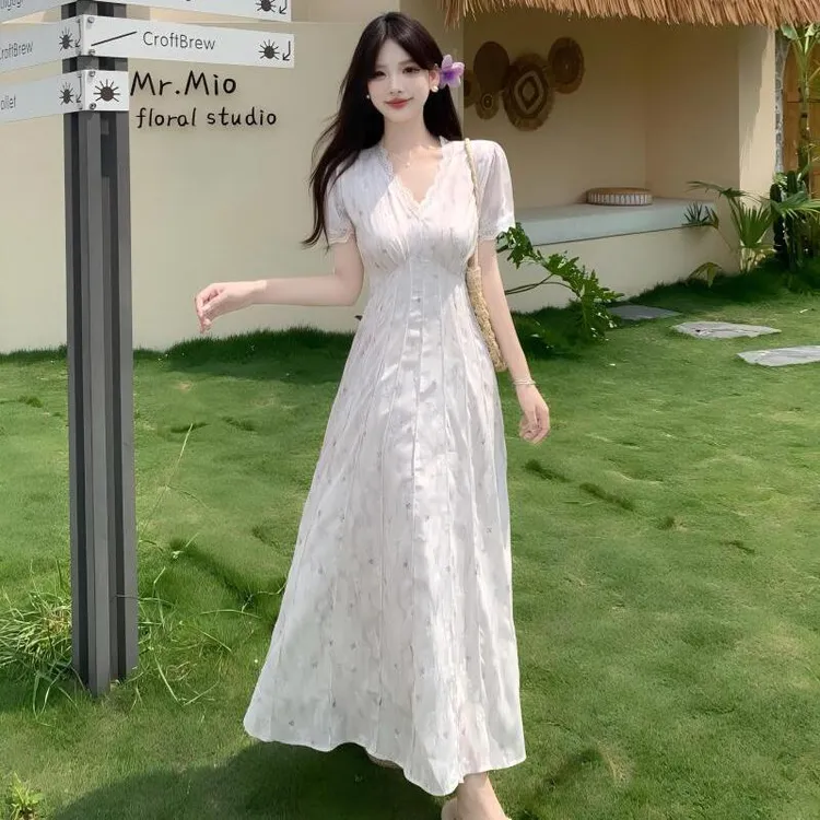 大码女装紫藤烟萝蕾丝拼接法式初恋小众显瘦气质中长款碎花连衣裙